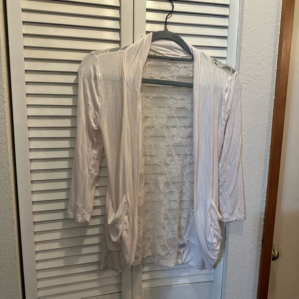 Zenana Outfitters Sheer Lace Cardigan in White and Gray